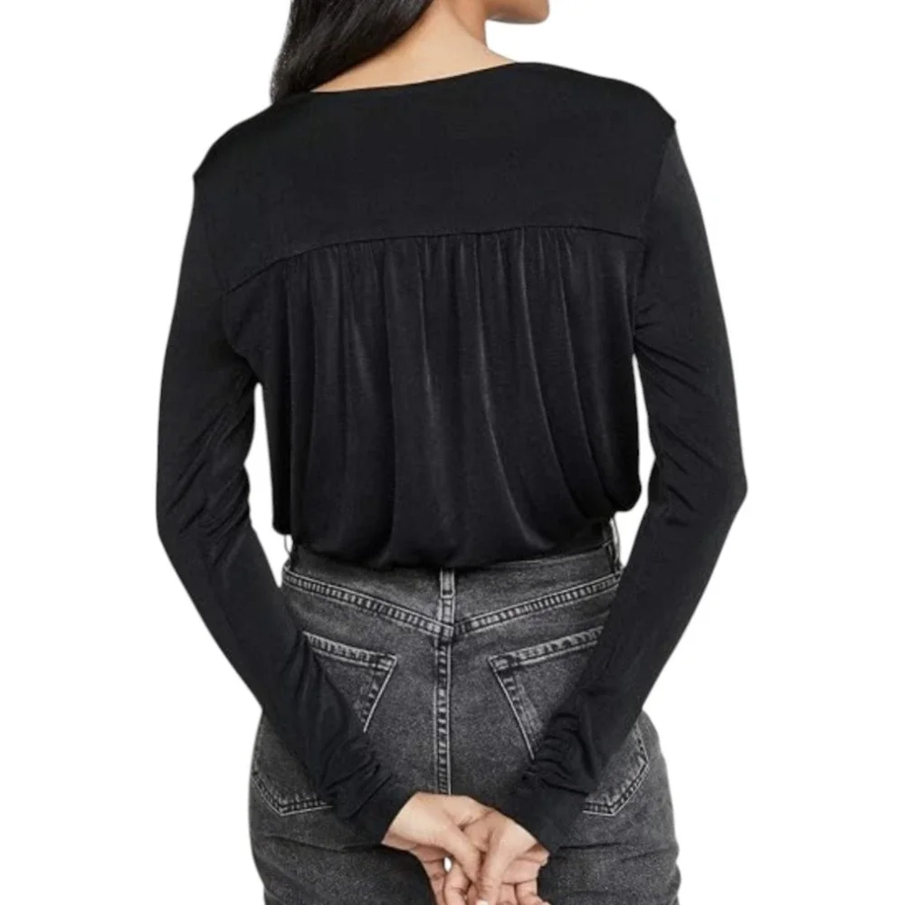 INTIMATELY FREE PEOPLE Black Thick Knit TURNT BODYSUIT TOP Deep V-Neck Thong S